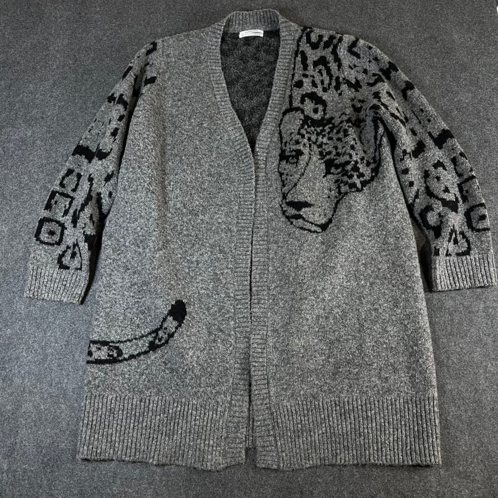 Anthropologie Leopard Intarsia Open Front Longline Cardigan Grey Black 3X